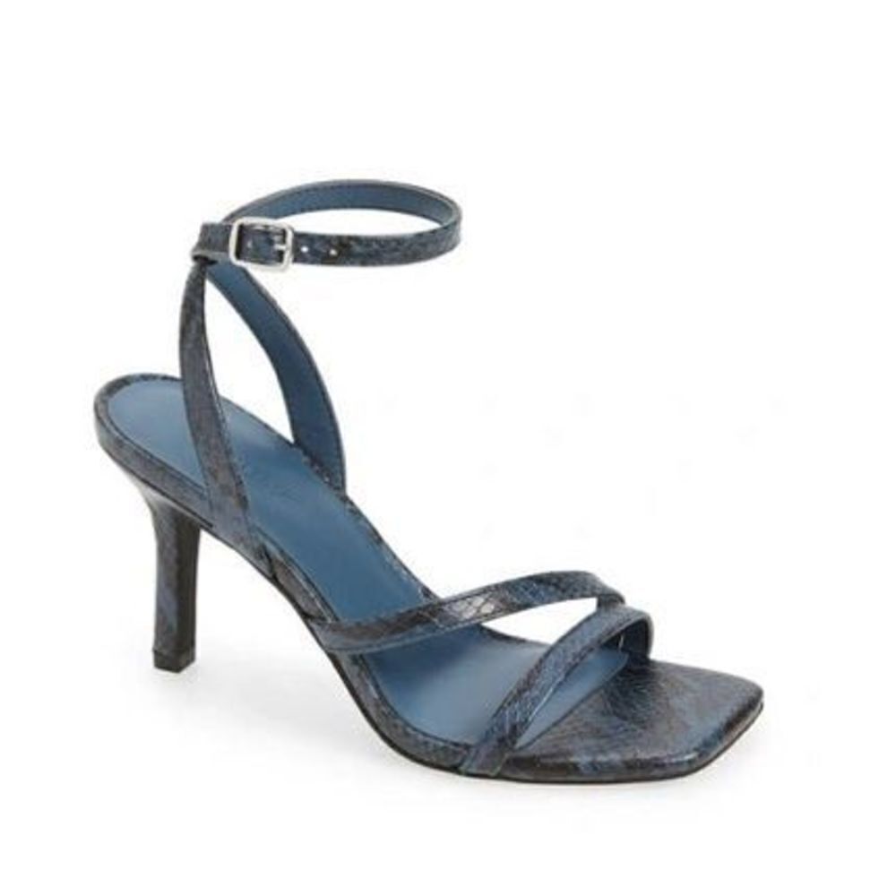 Open Edit Sandals Ladies Size 8.5 Blue Black Snakeskin Embossed Ankle Strap Heel